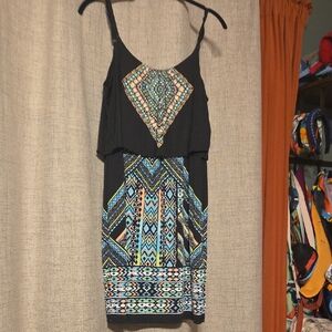Chic Black and Blue Patterned Mini Dress